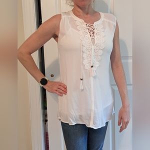 NWT | Pale Sky | Ellicot Crochet Detail Lace Up Top | White | S